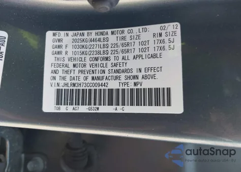 2012 Honda Cr-V Ex-L z USA, uszkodzony, nr VIN JHLRM3H73CC009442